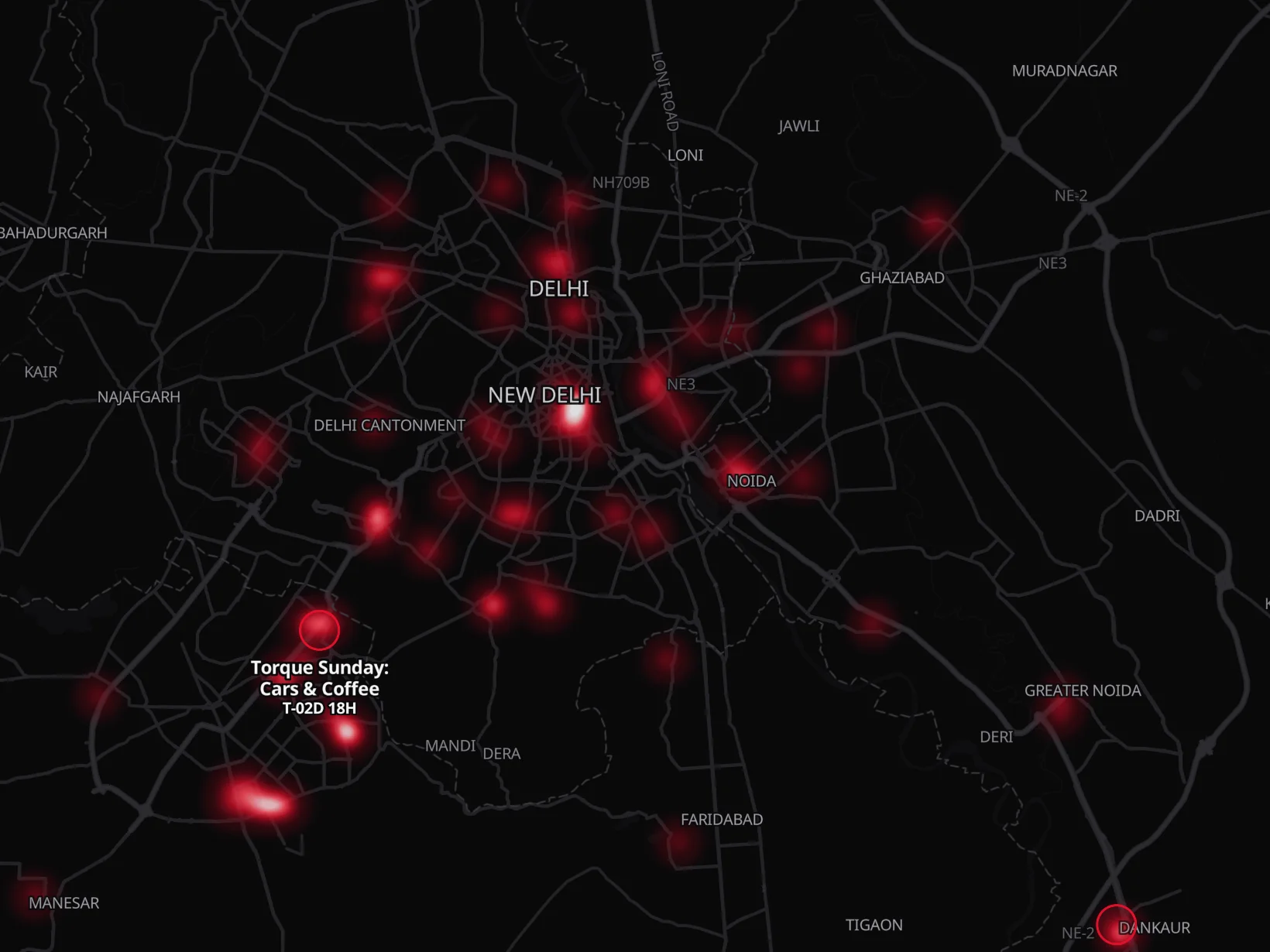 The car culture map of Delhi NCR: red heat over Gurugram, South Delhi and Noida where cars have been spotted, with two upcoming events marked